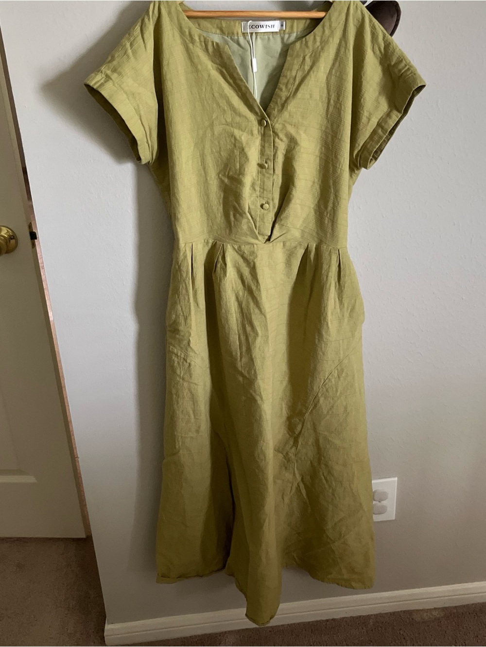 Olive Green V-Neck Cotton Dress